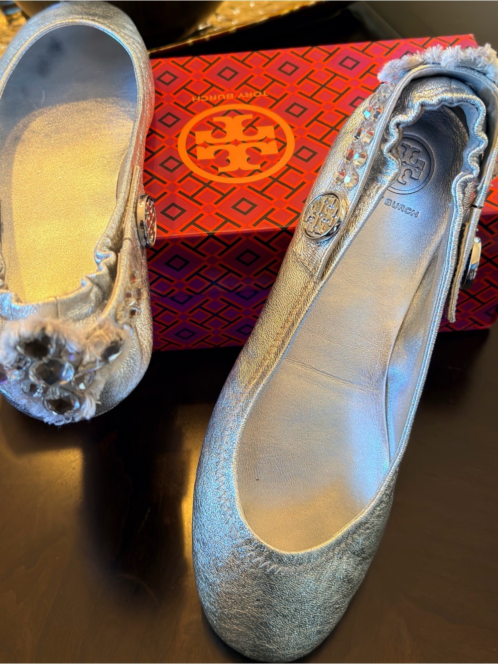 Tory Burch Metallic Silver Jewel-Embellished Ballet Flats